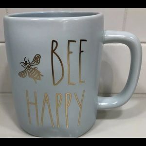 Rae Dunn BEE HAPPY Mug Blue, Gold Letters